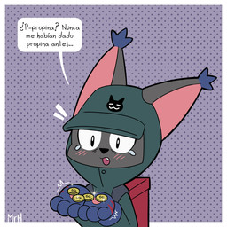 anthro backpack black_body black_fur bodily_fluids clothed clothing crying delivery_(commerce) delivery_employee dialogue female fur gloves handwear money open_mouth solo tears tears_of_joy text tip mr_harinezumi bandai_namco digimon blackgatomon blackgatomon_uver. digimon_(species) felid feline felis mammal 1:1 absurd_res hi_res spanish_text translated