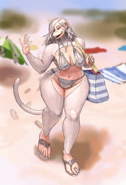 5_fingers 5_toes anthro bag beach beach_towel beach_umbrella bikini breasts cleavage clothed clothing colored_nails day digit_ring ear_piercing feet female finger_ring fingers footwear fur gesture green_eyes hair jewelry mature_female midriff nails navel necklace open_mouth open_smile outside parasol piercing ring sand sandals shoes shoulder_bag smile solo swimwear tail thick_thighs toe_ring toes tote_bag towel two-piece_swimsuit walking waving wedding_ring white_body white_fur white_hair white_nails wide_hips redustheriotact lydia_(redustheriotact) haplorhine mammal monkey primate 2025 hi_res