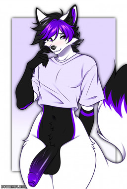 anthro balls bangs big_penis black_body black_fur black_hair black_inner_ear_fluff black_nose blush bottomless cheek_tuft claws clothed clothing collarbone facial_tuft foreskin fur genitals hair half-erect humanoid_genitalia humanoid_penis inner_ear_fluff looking_away male markings multicolored_hair navel penis purple_claws purple_eyes purple_hair purple_markings shirt shirt_only short_hair shy shy_smile simple_background solo tail thick_thighs topwear topwear_only tuft two_tone_hair vein veiny_penis white_body white_clothing white_fur white_shirt white_topwear butterfliess canid canine fox mammal 2026 colored digital_drawing_(artwork) digital_media_(artwork) hi_res shaded