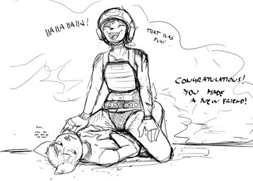 after_explosion anthro armor bikini bikini_bottom blood blood_on_shoulder bodily_fluids bulletproof_vest chest_scar clothing dialogue duo eyes_closed fangs female headgear helmet laugh male male/female midriff military_uniform on_top on_top_of_another scar straddling swimwear teeth text two-piece_swimsuit uniform hladilnik daniel_(hladilnik) samantha_thott canid canine canis domestic_dog mammal wolf 2025 black_and_white comic english_text hi_res monochrome sketch