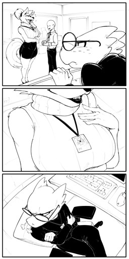 anthro big_breasts breast_envy breasts chair clothed clothing computer computer_keyboard cubicle electronics eyewear female flat_chested freckled_face freckles furniture glasses group jealous lanyard male office spying sweater swivel_chair topwear trio turtleneck shoutingisfun canid canine canis human kobold mammal scalie wolf 2025 absurd_res black_and_white comic hi_res monochrome