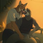 anthro cigarette clothed clothing duo forked_tongue french_kissing kissing male male/male muscular open_mouth sitting standing tongue tongue_out sergevna canid canine fox mammal mustelid hi_res