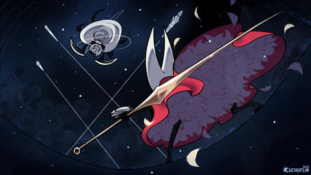 2_horns 6_eyes ambiguous_gender anthro battle biped cloak clothed clothing dice dress duo feathers fight fingers holding_melee_weapon holding_object holding_weapon horn hornet's_needle low-angle_view melee_weapon midair multi_eye pose red_cloak red_clothing text thread weapon white_clothing white_dress cuchuflin hollow_knight:_silksong hollow_knight_(franchise) team_cherry first_sinner hornet_(hollow_knight) arachnid arthropod weaver_(hollow_knight) 2025 artist_name english_text hi_res female_(lore)