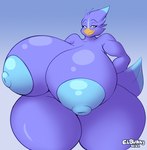 anthro beak big_breasts big_nipples blue_background blue_nipples breasts eyebrows feathers female huge_breasts nipples non-mammal_nipples orange_beak purple_body simple_background smile smirk solo standing tail tail_feathers thick_thighs venus_figure dedoarts snowbird_(boltthemechanic) avian bird 2021 digital_media_(artwork)