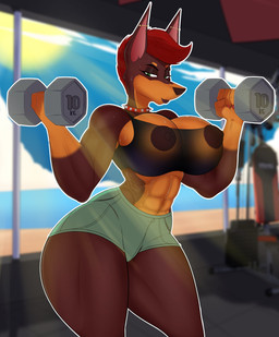 abs anthro areola big_breasts bodily_fluids bottomwear breasts cleavage clothed clothing collar detailed_background dumbbell ear_piercing exercise female gym huge_breasts huge_thighs industrial_piercing muscular muscular_anthro muscular_female muscular_thighs nipples piercing shorts small_waist solo spiked_collar spikes sweat thick_thighs translucent translucent_clothing weightlifting weights wide_hips window workout adma228 canid canine canis domestic_dog mammal absurd_res hi_res