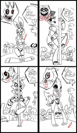 anthro big_breasts breasts crossgender dancing female machine male masturbation pole pole_dancing strip_club stripper teeth christomwow five_nights_at_freddy's scottgames bonnie_(fnaf) chica_(fnaf) foxy_(fnaf) freddy_(fnaf) mike_schmidt animatronic avian bird human lagomorph leporid mammal rabbit robot 2014 comic hi_res monochrome