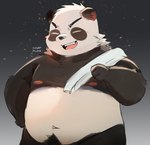 anthro belly black_body black_fur eyes_closed fur male navel nipples overweight solo towel white_body white_fur young tongmung24 bear giant_panda mammal 2022 hi_res