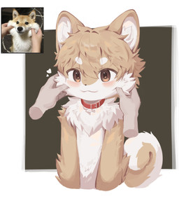 ambiguous_gender anthro blush brown_body brown_eyes brown_fur cheek_pinch collar countershading duo fluffy fluffy_chest fur humanoid_hands kemono male nude offscreen_character photo_reference red_collar simple_background smile solo_focus young young_anthro young_male fxnabi canid canine canis domestic_dog mammal 2026 absurd_res half-length_portrait hi_res korean_description portrait reference_image male_(lore)