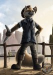 anthro badge blue_eyes boomerang boots bottomwear building cactus clothing cloud cowboy_hat desert fencepost fluffy fluffy_tail footwear fur hat headgear headwear house looking_up male orange_body orange_fur pants plant rope shoes solo tail white_body white_fur poker_(artist) sheriff_hayseed todd_hayseed canid canine fox mammal red_fox true_fox hi_res