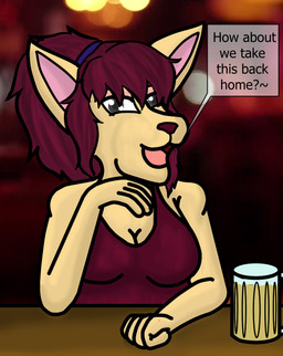 alcohol anthro bar beer beverage blurred_background clothing date date_pov dress female furniture solo table dank-artistic-fox canid canine canis domestic_dog mammal hi_res
