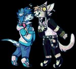 2018 alpha_channel ambiguous_gender anthro aoba_seragaki black_bottomwear black_clothing black_hat black_headwear black_nose black_pants blue_body blue_bottomwear blue_clothing blue_fur blue_jeans blue_nose blue_pants blush bodily_fluids bottomwear button_ears canid canine canis cel_shading clothed clothing coat cosplay denim denim_bottomwear denim_clothing digital_drawing_(artwork) digital_media_(artwork) digitigrade_footwear domestic_dog dot_eyes dramatical_murder duo electronics eyebrow_through_hair eyebrows fangs floppy_ears footwear fully_clothed fur furgonomic_footwear furgonomics hair handpaw hat headgear headphones headphones_around_neck headwear hi_res jaspering jeans mammal markings noiz_(dmmd) orange_hair pants paws pink_blush pink_headphones shaded side_view simple_background smile snout spots spotted_body spotted_fur standing suspenders sweat sweatdrop tail teeth topwear touching_noses translucent translucent_hair transparent_background whisker_spots white_body white_fur