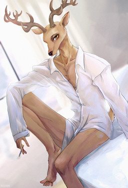 anthro cigarette clothing feet humanoid_feet male plantigrade pose shirt sitting solo topwear unbuttoned_shirt moonpearl beastars louis_(beastars) cervine deer mammal red_deer absurd_res hi_res