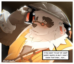 anthro asian_clothing black_background black_body black_fur blush chinese_clothing clothing confusion east_asian_clothing eyewear fur glasses male overweight overweight_male ring shirt simple_background solo speech_bubble suggestive_dialogue text topwear white_body white_fur yellow_clothing yellow_shirt yellow_topwear itsmesadaxis mihoyo zenless_zone_zero pan_yinhu bear giant_panda mammal thiren 2025 english_text hi_res