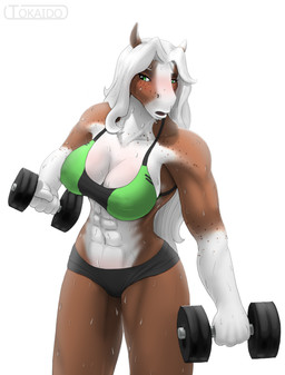 abs anthro athletic big_breasts biped blush bodily_fluids bra breasts brown_body brown_fur cleavage clothed clothing exercise female freckles fur green_eyes hair holding_object long_hair multicolored_body multicolored_fur muscular muscular_anthro muscular_female open_mouth panties simple_background solo standing sweat underwear weightlifting weights white_background white_body white_fur white_hair workout tokaido jessica_valerie_(nightfaux) equid equine horse mammal 2014 absurd_res digital_media_(artwork) hi_res