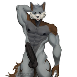 3_fingers abs anthro areola balls bent_arm black_areola black_balls black_claws black_eyebrows black_nipples black_nose black_penis brown_inner_ear brown_markings cheek_tuft claws collarbone erection eyebrows facial_tuft finger_claws fingers fluffy fluffy_tail fur genitals green_eyes grey_body grey_fur grey_hair grey_tail hair hand_behind_head humanoid_genitalia humanoid_penis lidded_eyes light long_tail looking_at_viewer male male_anthro markings multicolored_body multicolored_fur multicolored_tail muscular muscular_anthro muscular_arms muscular_male navel nipples nude_anthro nude_male open_mouth open_smile pecs penis pink_tongue sharp_teeth short_hair simple_background smile smiling_at_viewer solo standing tail teeth text thick_thighs tongue tuft white_background angellumen arcori canid canine canis mammal wolf 1:1 2023 artist_name colored digital_drawing_(artwork) digital_media_(artwork) english_description english_text hi_res lighting portrait shaded three-quarter_portrait