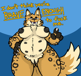 anthro belly belly_nipples big_breasts breasts dialogue fangs female genitals gesture hand_gesture looking_at_viewer looking_down looking_down_at_viewer low-angle_view multi_nipple nipples nude pointing pointing_at_viewer sabertooth_(anatomy) slightly_chubby solo tail taunting teeth text vulva worm's-eye_view trout_(artist) sabertooth_(trout) felid mammal prehistoric_species saber-toothed_tiger english_text