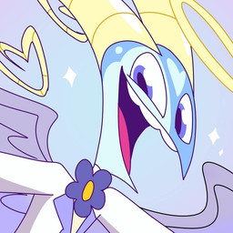 back_wings blue_body blue_eyes blue_skin clothing feathered_wings feathers flower_accessory halo heart_symbol horn male simple_background smile solo sparkles suit wings emositecc hellaverse helluva_boss blitzo_(helluva_boss) angel angel_humanoid humanoid 1:1 colored