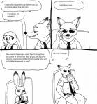2016 anthro bernielover black_and_white canid canine clothed clothing comic container cup dialogue disney duo english_text eyewear female fox hi_res judy_hopps lagomorph leporid male male/female mammal monochrome necktie nick_wilde police police_officer rabbit red_fox simple_background sitting smile sunglasses text true_fox white_background zootopia