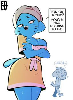 anthro bathrobe big_breasts blue_body blue_fur breasts cleavage clothed clothing dialogue duo female fur huge_breasts looking_back male mature_anthro mature_female open_mouth robe simple_background text towel towel_on_head young young_anthro young_male edalv cartoon_network the_amazing_world_of_gumball gumball_watterson nicole_watterson domestic_cat felid feline felis mammal 2025 absurd_res english_text hi_res incestuous_temptation_(lore) mother_(lore) mother_and_child_(lore) mother_and_son_(lore) parent_(lore) parent_and_child_(lore) parent_and_son_(lore) son_(lore)