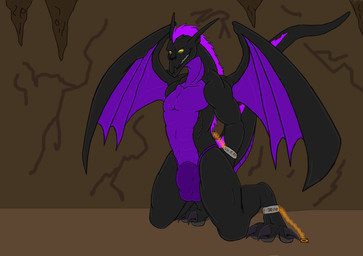 3_toes balls_outline bdsm bondage bound bulge cave chain chained claws clothed clothing detailed_bulge feet genital_outline glowing glowing_eyes grin hair long_ears male membrane_(anatomy) membranous_wings naughty_face purple_hair sharp_teeth smile smirk solo submissive submissive_male tail teeth toe_claws toes topless wings yellow_eyes gunzcon heratio1000 american_dragon:_jake_long disney european_mythology mythology dark_dragon_(american_dragon) dragon mythological_creature mythological_scalie scalie western_dragon