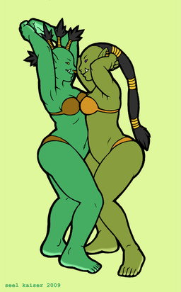 bra breast_squish breasts breasts_frottage clothing curvy_figure dancing duo ear_piercing facial_piercing female female/female green_body green_skin nose_piercing not_furry piercing simple_background smile squish underwear voluptuous ground-lion humanoid orc pillarbox