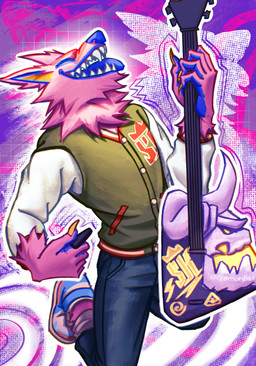 abstract_background anthro bass_guitar clothed clothing eyes_closed fur guitar happy jacket kneeling letterman_jacket male multicolored_body multicolored_fur musical_instrument pink_body pink_fur playing_guitar playing_music plucked_string_instrument solo string_instrument tongue tongue_out topwear crimsonbike epic_games fortnite fortnite:_battle_royale mythology andy_fangerson andy_fangerson_(fortnite) alebrije canid canine canis mammal mythological_canine mythological_creature werecanid werecanine werecreature werewolf wolf absurd_res halftone hi_res