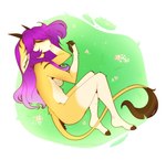 anthro ari_zelle cloven_hooves female flower grass hair hooved_plantigrade hooved_toes hooves horn long_tail plant plantigrade purple_hair sleeping solo tail hazelkisses antelope bovid gazelle mammal