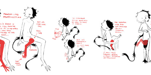 :d :o ^_^ amputee black_hair black_tail bodily_fluids chair chibi chibi_inset disability eyes_closed furniture hair male male_humanoid monster_girl_(genre) multicolored_hair open_mouth prosthetic prosthetic_leg prosthetic_limb question_mark raised_leg red_text simple_background sitting smile split_color_hair standing sweat tail text white_background jejejunum ember_(jejejunum) humanoid monster monstrous_humanoid absurd_res comic english_text hi_res restricted_palette