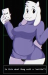 anthro big_breasts black_eyes bottomless breasts camel_toe cellphone clothed clothing electronics female horn looking_at_viewer mature_anthro mature_female panties phone selfie smile solo sweater text thick_thighs topwear underwear upskirt ritsbits undertale undertale_(series) toriel boss_monster_(undertale) bovid caprine mammal english_text