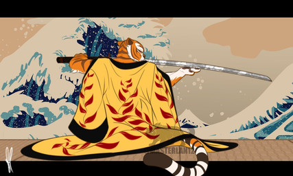 anthro clothing female fur logo looking_at_viewer looking_back markings melee_weapon muscular muscular_female painting_(object) solo striped_body striped_fur striped_markings striped_tail stripes sword tail tail_markings text weapon masterlan12 dreamworks kung_fu_panda master_tigress felid mammal pantherine tiger 5:3 artist_logo artist_name signature