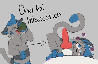 alcohol animal_genitalia animal_penis anthro balls beverage blue_body blue_fur canine_genitalia canine_penis drinking drunk duo erection fur genitals grey_body grey_fur hair knot lying male male/male nipples nude on_side pawpads penile penis simple_background smile substance_intoxication tail text tongue maxcatuwu kinktober kinktober_2025 maxie_(maxcatuwu) domestic_cat felid feline felis mammal 2025 digital_media_(artwork) hi_res