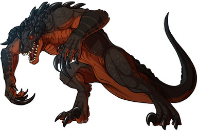 action_pose alternate_form brown_body brown_scales claws digitigrade fangs featureless_crotch feral glowing glowing_eyes grey_body grey_scales horn male multicolored_body multicolored_scales open_mouth pose red_eyes scales sharp_teeth simple_background solo spines tail teeth tongue two_tone_body two_tone_scales white_background cultmastersleet fallout microsoft grim_(grimsaurus) deathclaw scalie 2016 digital_media_(artwork)