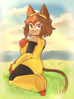anthro clothed clothing cloud eyewear female goggles grass hair hill leggings legwear looking_at_viewer outside plant short_hair sitting sky smile solo tail whiskers funeralgrave gameoverse glitch_productions kit_bodega domestic_cat felid feline felis mammal 2026 absurd_res hi_res