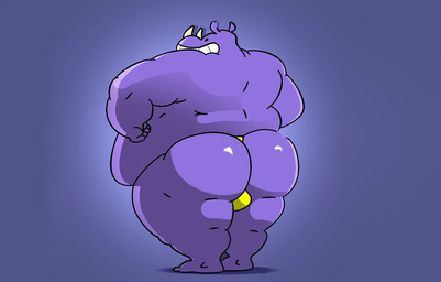anthro big_butt bulge butt clothing dot_eyes horn male musclegut muscular overweight overweight_male purple_body simple_background simple_eyes solo thong toony underwear unknown_artist mammal rhinoceros source_request