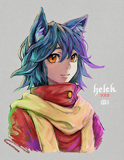 ambiguous_gender blue_hair clothed clothing eyebrows grey_background hair inner_ear_fluff looking_at_viewer red_clothing scarf short_hair simple_background smile solo text tuft yellow_eyes yellow_scarf daoli helck asuta_(helck) animal_humanoid cat_humanoid felid felid_humanoid feline feline_humanoid humanoid mammal mammal_humanoid 2015 english_text japanese_text portrait female_(lore)