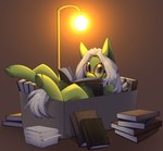 book book_stack box cardboard cardboard_box container eyewear female feral glasses green_body grey_hair hair platinum_blonde reading solo moon_field hasbro my_little_pony dusya_(khvorost) earth_pony equid equine horse mammal pony hi_res