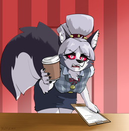 accessory angry anthro arm_tuft black_nose bottomwear bow_ribbon cheek_tuft chest_tuft clothed clothing copypasta cosplay crossover_cosplay ear_piercing ear_ring elbow_tuft eye_bags eyebrow_piercing eyebrow_through_hair eyebrows eyelashes eyeshadow facial_piercing facial_tuft female fluffy fluffy_tail fur glowing glowing_eyes grey_body grey_fur grey_hair hair hair_accessory hair_bun holding_object humanoid_hands inner_ear_fluff leaning leaning_forward looking_at_viewer makeup nipple_outline nipple_piercing nipples notched_ear office office_clothing open_mouth pattern_clothing pattern_topwear piercing plaid plaid_clothing plaid_topwear red_eyes ring_piercing skirt solo standing sweater tail teeth topwear translucent translucent_hair tuft white_body white_fur half_dime animal_crossing bee_movie hellaverse helluva_boss mythology nintendo isabelle_(animal_crossing) loona_(helluva_boss) canid canid_demon canine canis demon domestic_dog hellhound husky mammal mythological_canine mythological_creature nordic_sled_dog spitz wolf absurd_res crossover hi_res