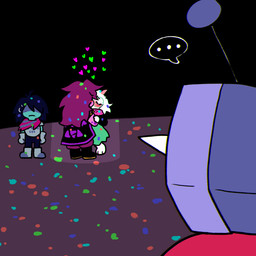 2_horns ambiguous_gender ambiguous_human anthro being_watched black_hair blue_body blue_skin blush blushing_profusely clothed clothed_ambiguous clothed_anthro clothed_female clothed_human clothed_humanoid clothed_male clothing confetti electronics ellipsis eyes_closed eyewear female female_anthro floppy_ears for_a_head frown fur glasses group hair hair_over_eyes head_tuft heart_symbol horn kissing long_hair long_nose looking_at_another male male/female male_anthro male_humanoid pink_body pink_horn pink_scales purple_hair scales scarf screen screen_face simple_background spotlight television tuft wearing_glasses white_body white_fur msmimundo deltarune undertale_(series) kris_dreemurr ralsei susie_(deltarune) tenna_(deltarune) bovid caprine darkner goat human humanoid mammal object_head scalie screen_head tv_head 1:1 2026 digital_drawing_(artwork) digital_media_(artwork) hi_res