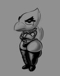 angry anthro clothing eyelashes eyeliner femboy legwear makeup male short_stack solo stockings teapot_(body_type) thick_thighs meowny brawl_stars supercell_(company) crow_(brawl_stars) avian bird corvid corvus_(genus) crow oscine passerine monochrome