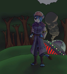 anthro brain clothing crash exposed_brain forest glass_dome male night organs plant robe science smart smoke solo space tree ufo unknown_artist alien domestic_cat felid feline felis leopard mammal pantherine snow_leopard