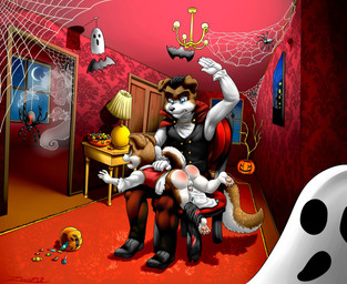 anthro anus backsack balls bodily_fluids bottomless butt butt_slap candy clothed clothing costume crying dessert diaper duo flaccid food genitals holidays humanoid_genitalia humanoid_penis inside male open_diaper penis perineum pirate slap spank_marks spanking spider_web tears young young_anthro young_male zooshi halloween naughtyrobby canid canine canis domestic_dog mammal vampire hi_res father_(lore) parent_(lore) son_(lore)