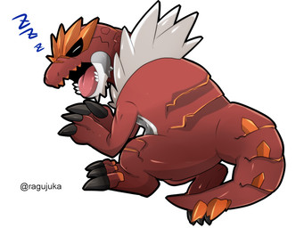 ambiguous_gender eyes_closed feral open_mouth simple_background sleeping solo sound_effects tail teeth tongue vowelless vowelless_sound_effect white_background zzz ragujuka nintendo pokemon dinosaur fossil_pokemon generation_6_pokemon pokemon_(species) prehistoric_species reptile saurischian scalie theropod tyrantrum 4:3