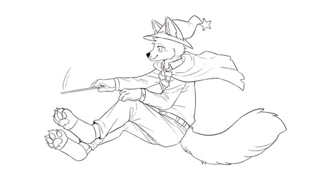 anthro belt bottomwear cape cheek_tuft closed_smile clothed clothing facial_tuft hat headgear headwear magic_wand male mouth_closed narrowed_eyes pants pawpads side_view simple_background sitting smile solo topwear tuft unsigned asnnonaka canid mammal black_and_white full-length_portrait hi_res monochrome portrait