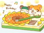 :3 brown_body brown_fur clothing duo eyes_closed feral flower fur happy_birthday hat headgear headwear kemono musical_note musical_symbol nude open_mouth orange_body orange_fur plant sunflower symbol text white_body white_fur jin3_z hamtaro_(series) cappy_(hamtaro) hamtaro cricetid hamster mammal rodent 4:3 english_text low_res