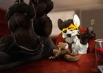 anthro clothed clothing duo extreme_size_difference eyewear feet foot_focus footwear glasses interview male male/male micro pawpads paws relaxing shoes size_difference tail maneymaw_(artist) maneymaw spotter_(ropistike) canid canine canis mammal maned_wolf mustelid otter