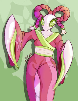 anthro asian_clothing clothed clothing east_asian_clothing female front_view fully_clothed japanese_clothing kimono looking_at_viewer solo standing shub_a_dub_dub mantis_(deltarune) arthropod insect mantis detailed hi_res shaded