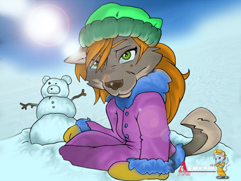 anthro clothing female green_eyes handwear hat headgear headwear looking_at_viewer mittens outside snow snowman solo sun winter albinoart canid canine canis domestic_dog husky mammal nordic_sled_dog spitz 4:3