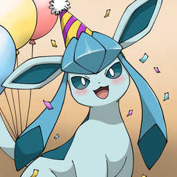 :3 ambiguous_gender balloon blue_eyes blue_hair blush clothing confetti hair hat headgear headwear inflatable markings open_mouth party_hat pseudo_hair smile solo noye nintendo pokemon eeveelution generation_4_pokemon glaceon pokemon_(species) 1:1 2025 digital_drawing_(artwork) digital_media_(artwork) hi_res