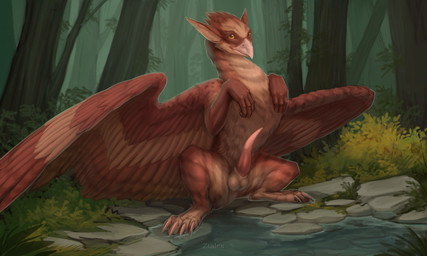 animal_genitalia balls beak brown_body brown_feathers brown_fur claws erection feathers feral forest forest_background fur genitals male nature nature_background orange_eyes penis pink_claws pink_penis plant rock sheath solo tree conditional_dnp ztalex mythology avian gryphon mythological_avian mythological_creature hi_res