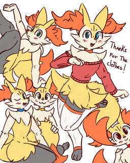 :3 ambiguous_gender anthro blue_eyes blush blush_lines clothing collar dipstick_tail duo fluffy fluffy_tail fur green_eyes inner_ear_fluff kneeling legwear looking_at_viewer markings multicolored_body navel on_one_leg one_eye_closed open_mouth orange_body orange_fur pawpads paws red_eyes simple_background smile smiling_at_viewer solo standing sweater tail tail_markings tan_body tan_fur text tongue topwear tuft yellow_body yellow_eyes yellow_fur se1t nintendo pokemon braixen canid canine generation_6_pokemon mammal pokemon_(species) 2026 4:5 absurd_res english_text hi_res